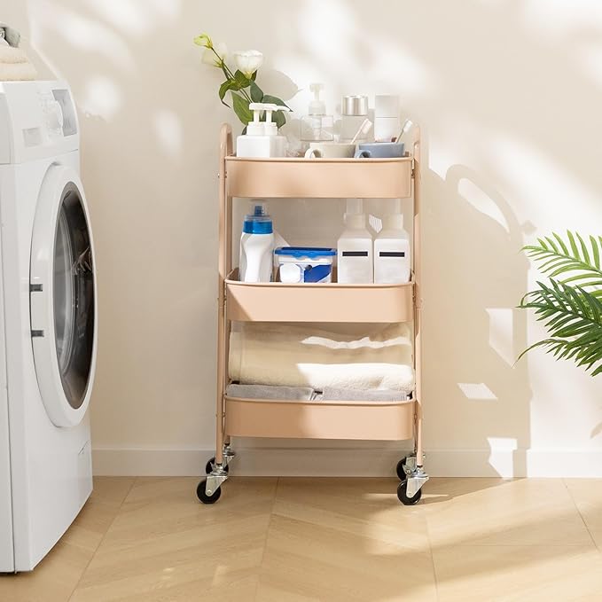 AGTEK 3 Tier Utility Rolling Cart with Lockable Wheels, Metal Multifunctional Storage, Organizer Cart for Kitchen, Office, Living Room, Makeup, Craft, Art Studio, Blush