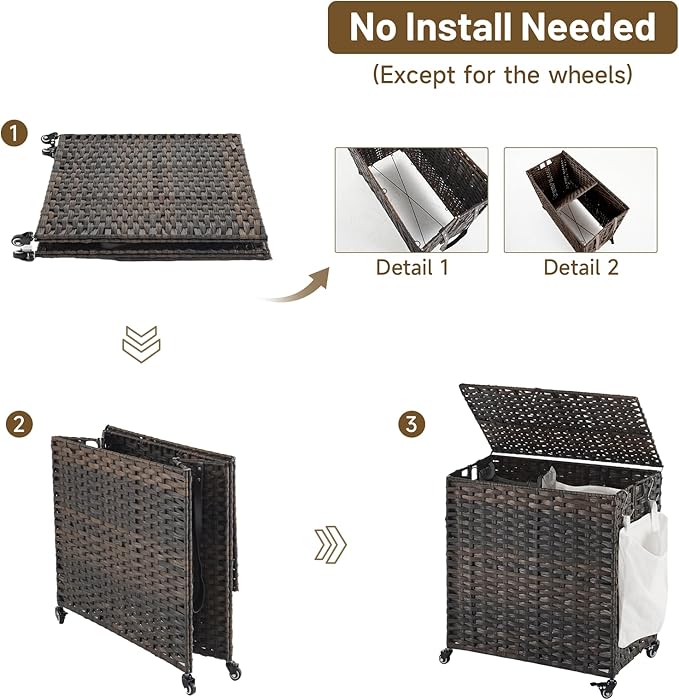Laundry Hamper with Wheels, 39.6 Gallon(150L) Rolling Laundry Basket with Lid, Removable Large 2 Color Liners & 3 Mesh Laundry Bags, Clothes Hamper with Side Pocket, Brown
