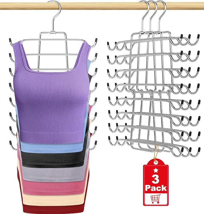 3Pcs Tank Top Hangers Space Saving Hanger Organizer Bra Hangers for Closet Organizer 360° Rotating Metal Closet Organizers and Storage Lingerie Hangers for Cami Bras Belts Swimsuits Lingeries Silver