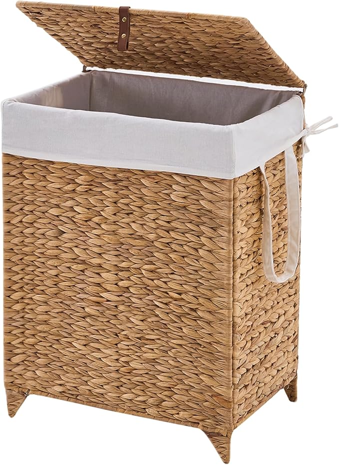 Handwoven Laundry Hamper with Lid, Natural Hyacinth Heightened Feet Laundry Basket, Wicker Clothes Hamper with Removable Liner Bag (Natural-A, 90L)