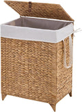 Handwoven Laundry Hamper with Lid, Natural Hyacinth Heightened Feet Laundry Basket, Wicker Clothes Hamper with Removable Liner Bag (Natural-A, 90L)