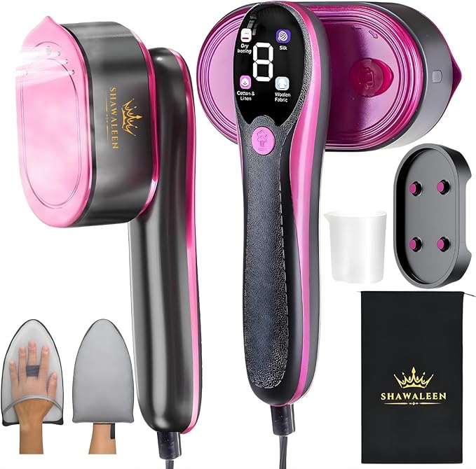 Travel Steamer for Clothes with Ironing Gloves, All-Fabric Wrinkle Removal 4 Adjustable Modes, 10s fast Heat Up, Large Ceramic Heat Panel, 100ml water tank, 2in1 Steamer Iron1200W (110-120V) (PINK)