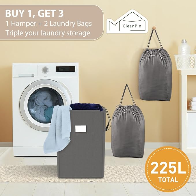 MCleanPin 210L Laundry Hamper Collapsible with 2 Washable Laundry Bags, Dirty Clothes Hamper,Laundry Basket with Handles Foldable Hamper Dorm Laundry Basket for College,Grey