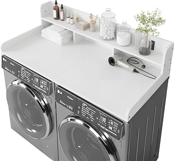 Washer Dryer Countertop with Shelf, 2-Tier Laundry Countertop Over Washer and Dryer, 54" x 27.55" Wooden Table for Folding Clothes for Laundry Room Organization and Storage (Milky)