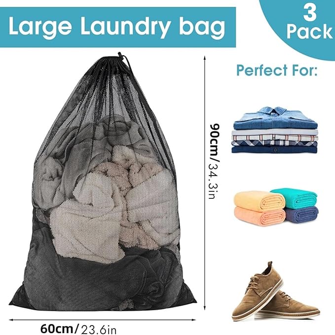3 Pack Large Mesh Laundry Bags, 23 x 34 Inches Heavy Duty Laundry Net Bag with Drawstring, Durable Mesh Laundry Bags for College Dorm, Travel, Family, Apartment Dwellers, Camping, Black