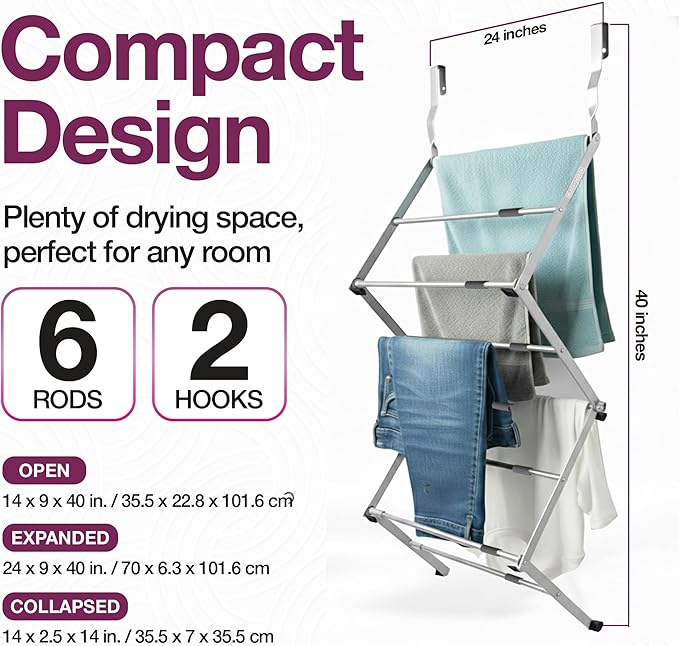 BLACK+DECKER Over The Door Expandable Telescopic Drying Rack, Clothes Organizer, Towel Hanger, Laundry, Collapsible, Silver