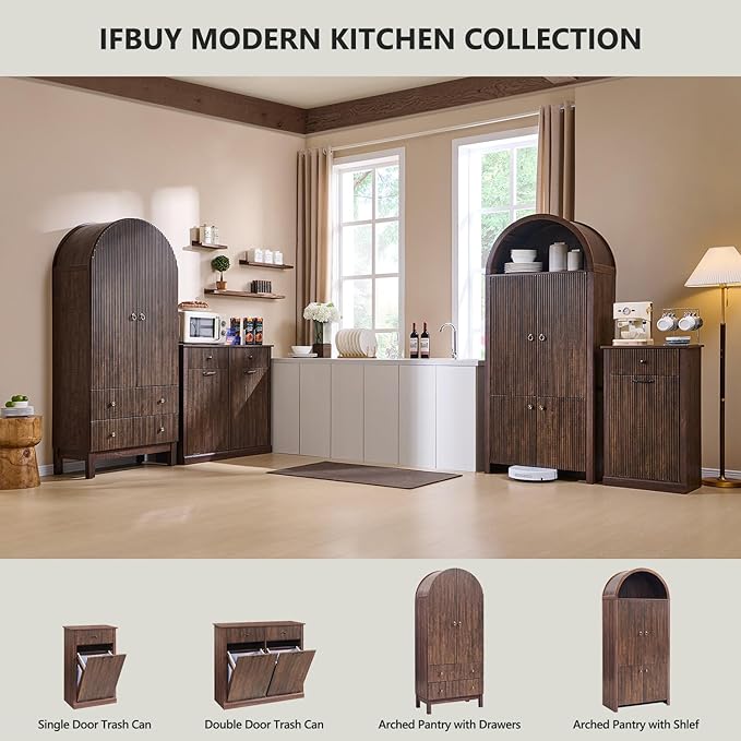 Modern Double Tilt-Out Laundry Hamper Cabinet, 20 Gallon Fluted Trash Can Cabinet w/2 Drawers, Wooden Hidden Garbage Can Cabinets w/Laundry Basket, Free Standing for Bathroom and Kitchen, Brown