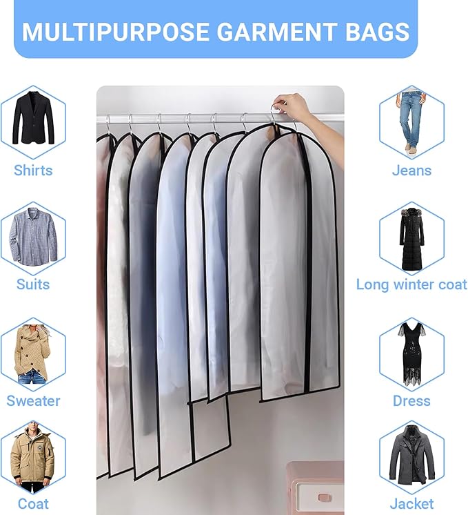 Garment Bag Covers (24''X55'' Set of 12) Lightweight White PEVA Breathable Bags with Study Full Zipper for Coat Protector Travel Laundry Wardrobe Closet