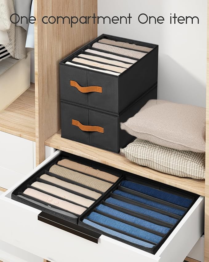Closet Organizers and Storage - Fabric Clothes Organizer with Handles, Foldable Jeans Organizer for Clothes, Drawer Organizer for Shirts, Bra, Sweater, Scarf, 6 Pack, Black