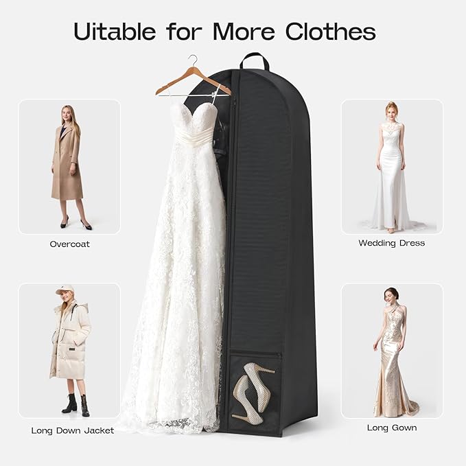 72'' Wedding Gown Dress Garment Bag, 8"/20"'' Gusseted Garment Cover for Puffy Bridal Gowns Cover, Travel Garment Storage Bag for Prom, Cosplay, Evening Gowns (Black, 1Pack 72")