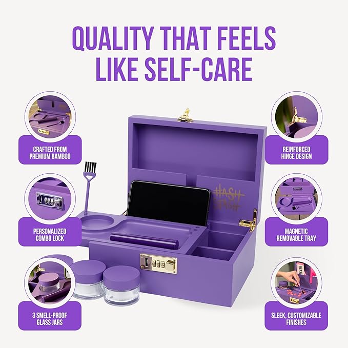 The OG Stash Storage Box - Large Bamboo with Combination Lock, Magnetic Lid, Organizer Tray, 3 Jars and Brush - Portable Decorative Wooden Lock Box Kit with Accessories (Purple/Gold)