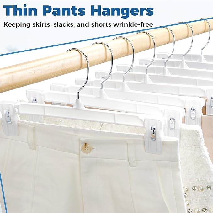 Smartor Skirt Hangers | Pants Hanger with Clips | 10 30 60 Pack Available | Space Saving| Durable| Strong Clips| Pant Hanger for Men| White Hangers Clips for Women Shorts, Jeans, Slacks - 10 Pack