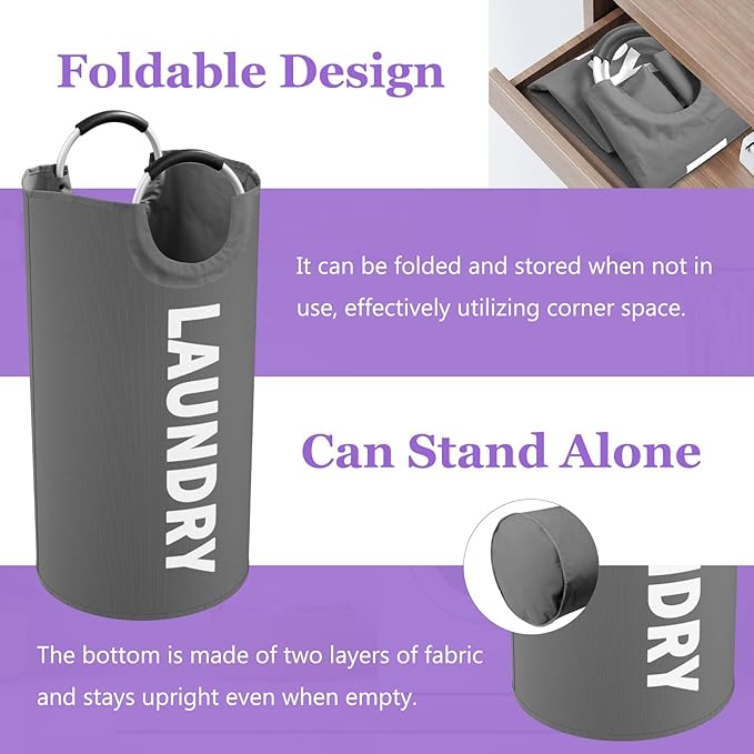 Collapsible Laundry Basket with Handles, 95L Large Laundry Hamper for Bedroom, Dirty Clothes Hamper Stand Up Well, Portable Storage Basket for Famliy, Travel, Dark Grey