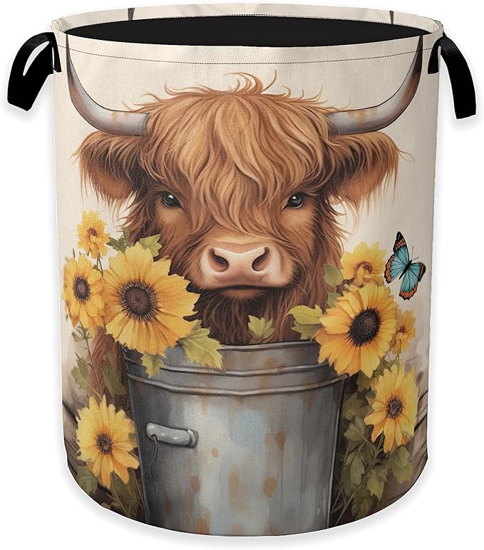 Cute Highland Cow Laundry Hamper,Watercolor Sunflower Collapsible Laundry Baskets,Waterproof Oxford Cloth Laundry Room Organization for Bedroom,Bathroom,Nursery,16x20 Inch