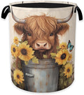 Cute Highland Cow Laundry Hamper,Watercolor Sunflower Collapsible Laundry Baskets,Waterproof Oxford Cloth Laundry Room Organization for Bedroom,Bathroom,Nursery,16x20 Inch