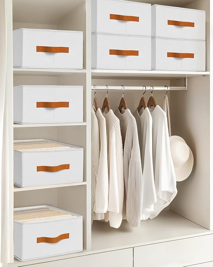 Purse Organizer for Closet, Fabric Handbag Storage Organizer with Handles, Foldable Bag Organizer Drawer for Flat Handbags, Clothes, Towels or Pants, Closet Storage Organizer, White, 6 Pack