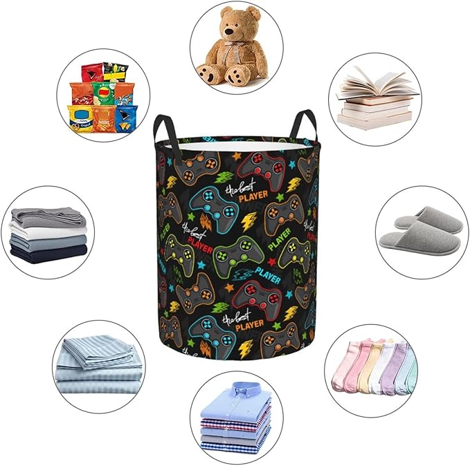 Video Game Controller Round Laundry Hamper Gaming Joysticks Storage Basket Toys Clothes Organizer Bin For Home Bathroom Bedroom Dorm Nursery, 62l