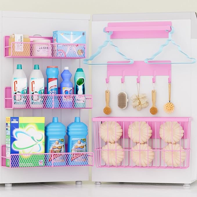6 Pack Magnetic Shelves for Washing Machine, Magnetic Spice Rack Organizer for Refrigerator, Magnetic Shelf with Hanger Organizer, Metal Magnetic Basket, Laundry Organization and Storage, Pink