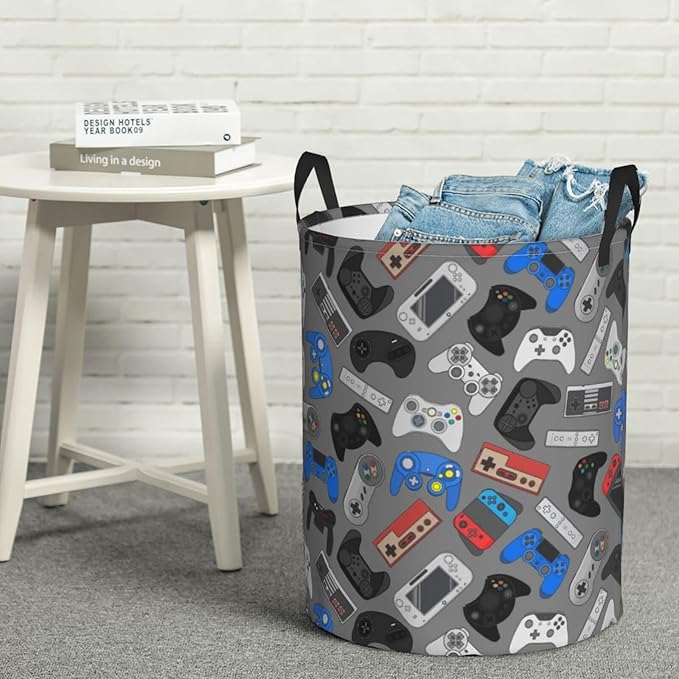Video Game Controller Grey Background Laundry Hamper Storage Basket Toys Clothes Organizer Bin For Home Bathroom Bedroom Dorm Nursery, 62l