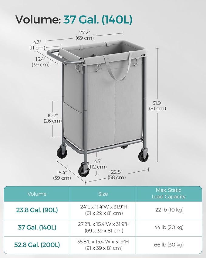SONGMICS Laundry Basket with Wheels, 2-Section Rolling Laundry Hamper, 37 Gallons (140 L), Removable Liner, Steel Frame with Handle, 27.2 x 15.4 x 31.9 Inches, Dove Gray URLS004G01