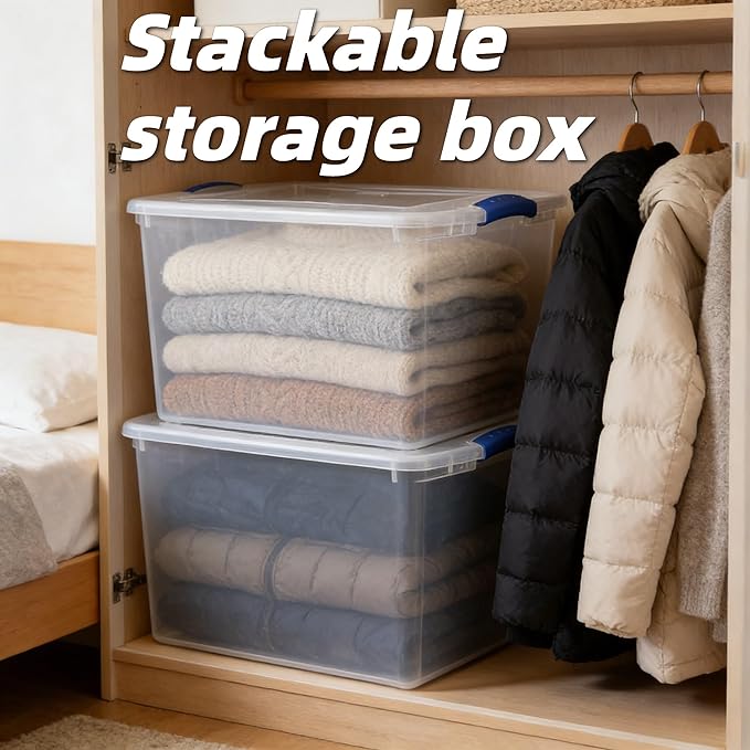 2-Pack 66 Quart Clear Plastic Storage Bins with Latching Lids, Blue Stackable Organizing Totes for Garage, Closet, and Home Organization