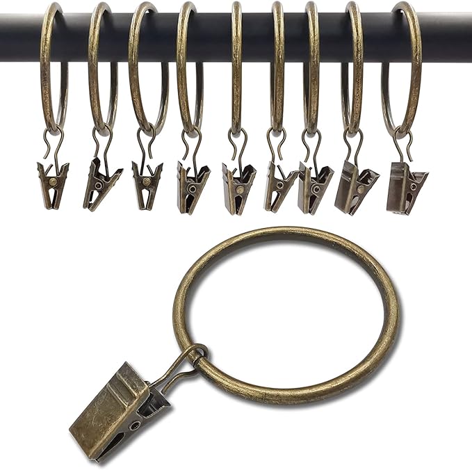40 Pack Bronze Curtain Rings with Clips, Curtain Hooks Hangers Clip Rings for Hanging Drapes Bows Hat, Drapery Rings 1.77 in I D, Fits up to 1.5 in Diameter Curtain Rod.