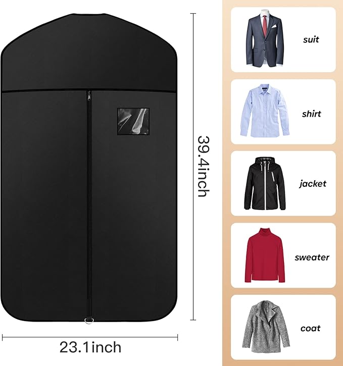 Premium Oxford Fabric Garment Bag Hanging Clothes Travel Suit Bag with Clear Window for Suits, Coats, T-Shirts, Jackets. (Black, 40-inch-2 packs)
