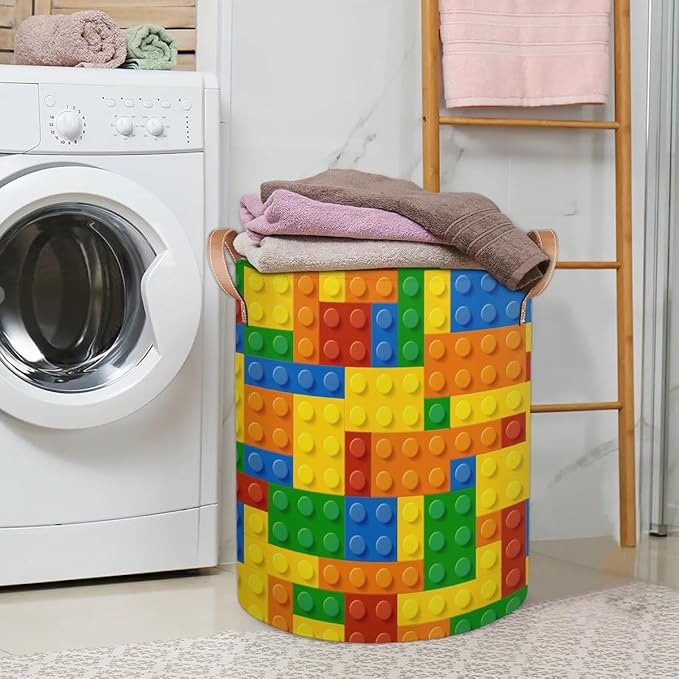 Colorful Building Blocks Large Laundry Basket - Kids Laundry Hamper with Handles - Collapsible Dirty Clothes Organizer Boys Toy Storage Bin Nursery Hamper for Bedroom Bathroom Decor