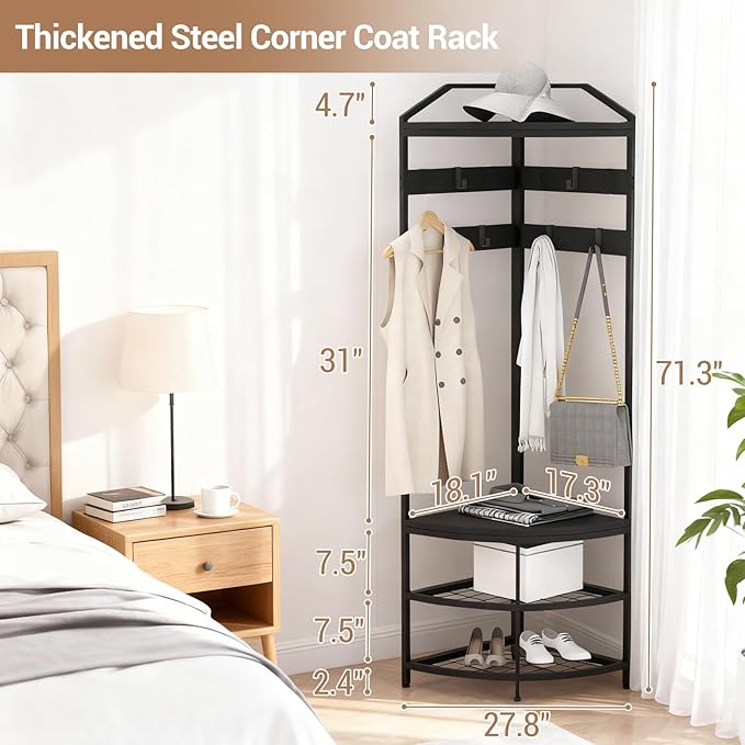Garvee Corner Coat Rack with Storage, Simple Hall Tree with Mesh Shelves, Anti-Toppling Devices, Freestanding Metal Clothes Rack Shoes Shelf Organizer for Entryway Bedroom Black