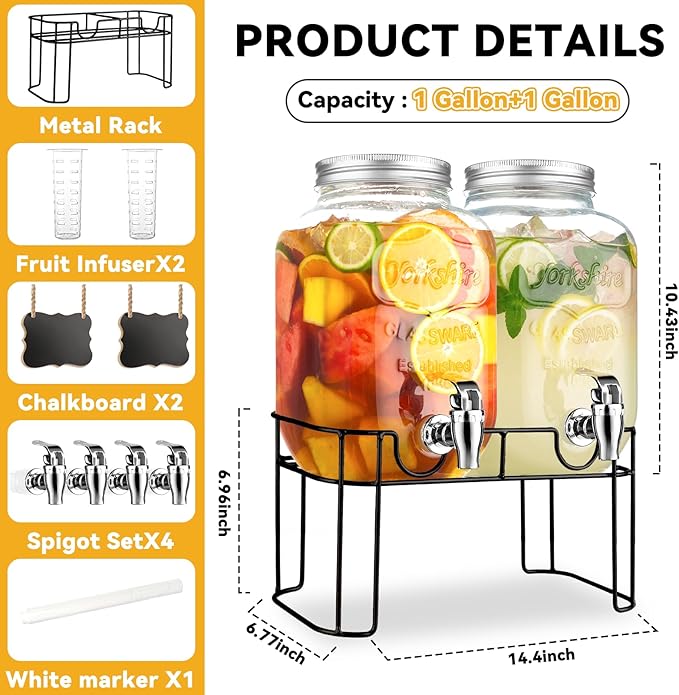 1 Gallon Glass Drink Dispensers For Parties，Lemonade Beverage Dispenser With Stand And Spigot For BBQ, Picnic, Party,Laundry Detergent Dispenser