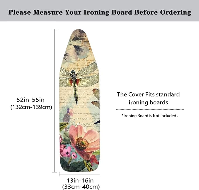 Dragonfly Ironing Board Cover and Pad 15x54 Inch, Iron Board Cover with Padding, Iron Board Cover Large Fits All Standard Sizes, Scorch Resistant, Extra Thick Covers with Elastic Edge