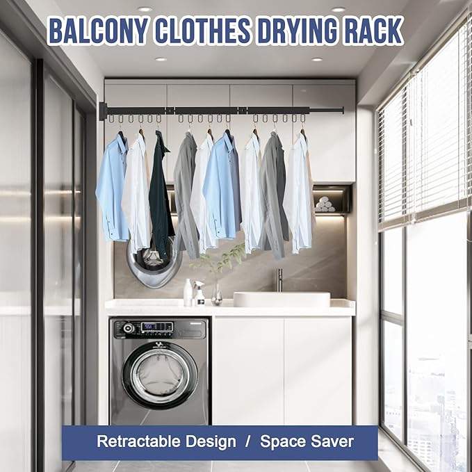 MIFXIN Retractable Clothes Drying Rack Tri-Fold Laundry Wall Mounted Clothing Drying Rack Hanger Collapsible Space Saver Foldable Clothes Hanger Rack for Laundry Balcony (Black)