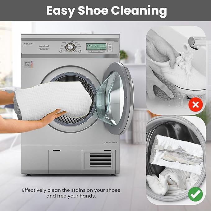 Shoe Washing Machine Bag, Laundry Footwear Bag for Washer and Dryer, Reusable 2pc Cleaning Bags for Sneakers & Tennis Shoes, 360° Deep Clean for All Types with Self-Locking Invisible Zipper