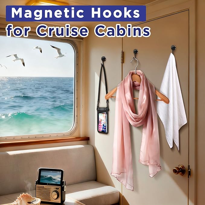 40lbs+ Magnetic Hooks and Clips Set for Cruise Cabins, 12 Pack Cruise Magnetic Organizer for Hanging Clothes, Hats, Lanyards, Daily Schedules - Cruise Essentials, Magnetic Hanger for Classroom, Fridge
