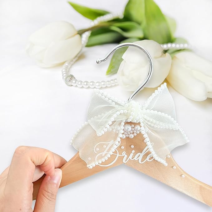 Bride Hanger for Wedding Dress, Wooden Bridal Hanger Wedding Hangers Personalized Hangers with Bow Tie & Pearl for Weddings Party Gifts Accessoriesz (Bride)