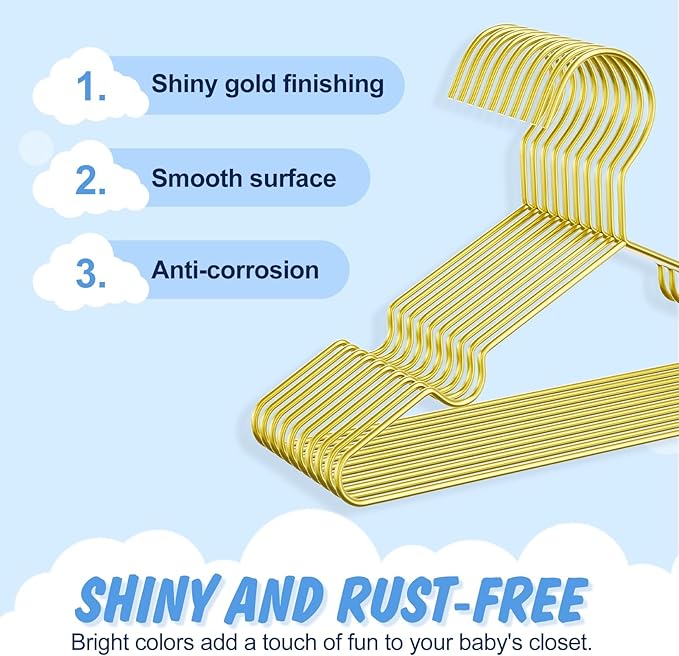 Gold Kids Hangers 12 Inch 60 Pack Strong Metal Wire Baby Clothes Hangers, Heavy Duty and Space Saving Infant Hangers for Toddler Chirldren Coats, Pants