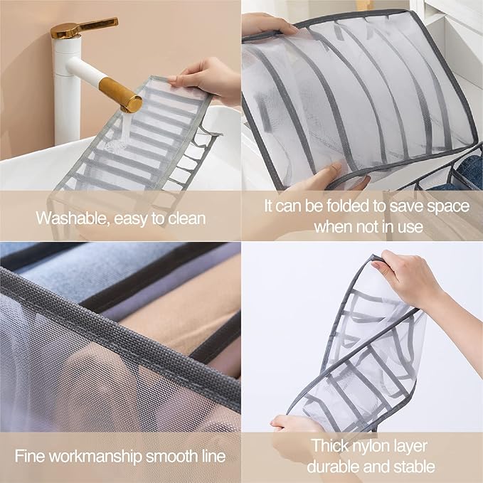 Wardrobe Clothes Organizer 7 Grids Portable Closet Organizer Mesh Separation Storage Box Foldable Closet Drawer Organizer for Underwear Socks Scarves Leggings (Grey, 2 Leggings Grid)