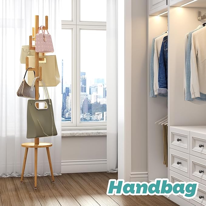 Coat Rack, Wooden Coat Rack Freestanding with Shelf, Bamboo Cactus Coat Tree, Coat Tree for Clothes/Bag/Hats, Hanger Stand for Entryway (Natural)