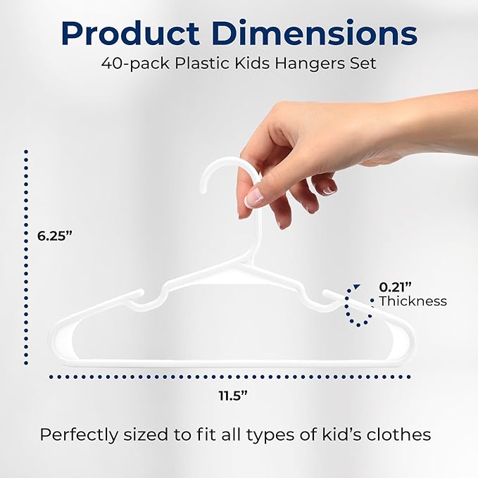 SereneLife 40 Pack Plastic Kids Hangers – Non-Slip Baby Hangers for Closet, Space-Saving Thin Design for Organizing Clothes, Infant, Toddler, and Newborn Clothing (White)