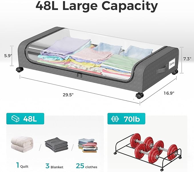 oylik 4 Pack Under Bed Storage with Wheels, Under Bed Shoe Storage Larger Capacity with PVC Clear Window & Label, Under the Bed Storage Containers for Shoe Clothes Toy Book(Grey)