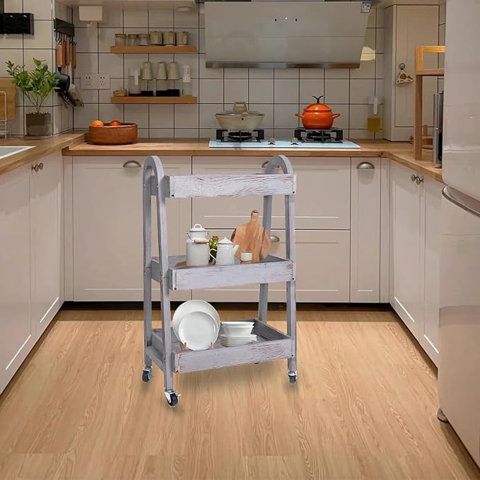 3-Tier Wooden Rolling Cart- Wooden Utility Cart wit Wheels- Utility Rolling Cart-Storage Trolley Organizer- Rolling Kitchen Serving Cart for Office,Kitchen, Kids' Room (Retro Grey)