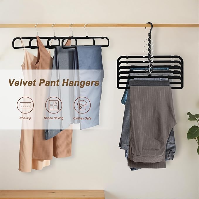 OneDream 20 Pack Velvet Pants Hangers 13.78 Inch with Non Slip Bar, Space Saving Hangers for Clothes, Jeans, Shorts,Trousers, Bra and Tank Tops, 360 Degree Swivel Hook, Black