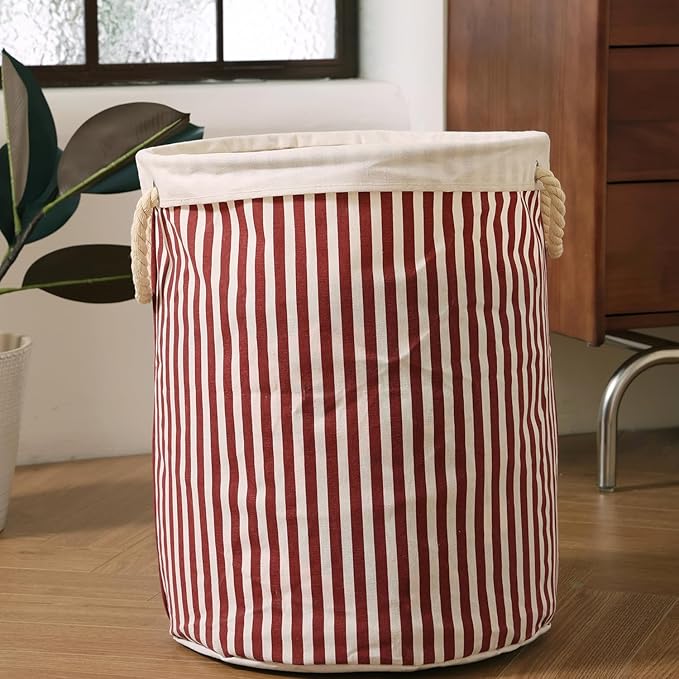 Large Storage Laundry Hamper Basket 62L with Handles, Waterproof, Freestanding, Collapsible Laundry Hamper, Classic Stripes Pattern, Red Color-Dirty Clothes Toy Organizer Bins