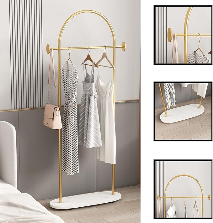 Gold Clothing Racks Heavy Duty, Gold Coat Racks Standing With Marble Base, Modern Coat Racks for Hanging Clothes, Clothing Racks for Boutique, Office