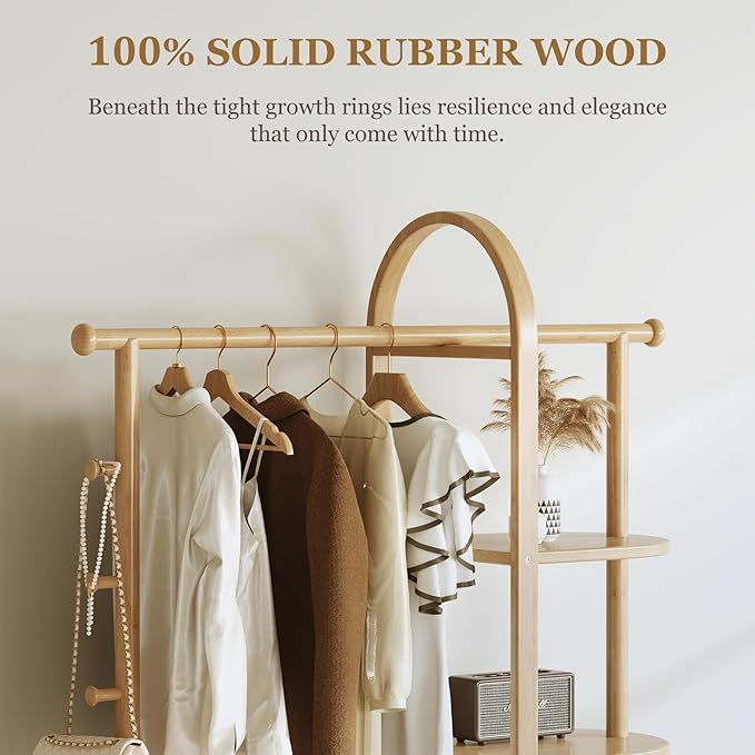 Solid Wood Clothing Rack with 4 Shelves Storage and 5 Wooden Hooks Clothes Rack,Multi-functional Coat Rack for Clothes, Shoes, Bags, Coat rack for Bedroom Entryway Living Room Hotel,Burlywood