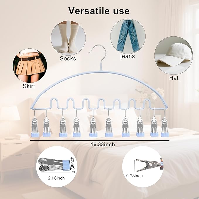 Legging Organizer for Closet,Metal Wave Design Pants Hanger with 10 Clips 7 Hooks, Closet Storage for Pants, Skirts, Hats (Blue, 1Pack)