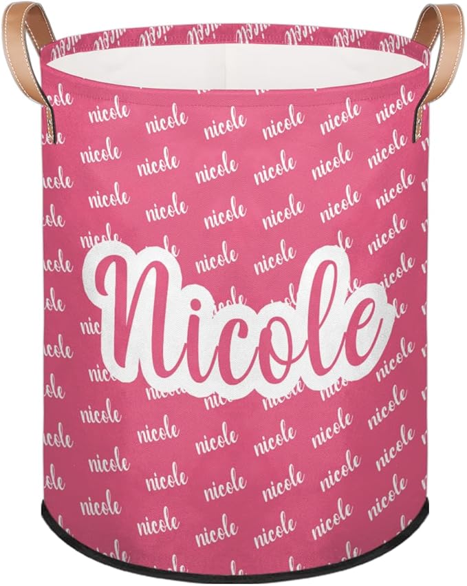 Custom Name Pink Laundry-Hamper, Personalized Kids-Clothes-Hamper Foldable with Name, Customized Storage Basket with Handles Waterproof Gift for Boys Girls Baby Women
