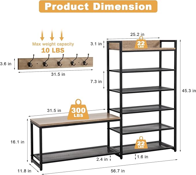 6-Tier Coat Rack Shoe Bench Set, Entryway Bench with 6 Hooks Coat Rack, Hall Tree and Shoe Storage for Entryway, Hallway, Garage, Bedroom (Vintage Grey)