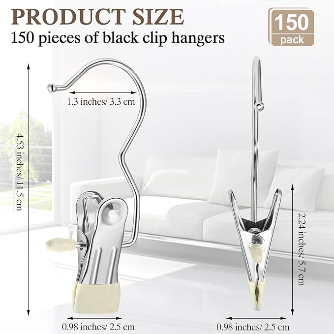 Yinder 150 Pcs Boot Hangers Clips Laundry Hooks Hanging Stainless Steel Clothes Pins Portable Clip Hangers for Closet Travel Socks Pants Handbags Hats Towels (Beige)