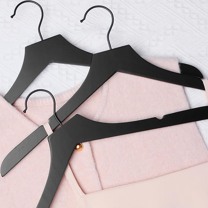 TOPIA HANGER Black Wooden Hangers, Rubber Wood Clothes Hangers with Rotatable Black Hook and Smooth Cut Nothces, Set of 12 for Coats, Suits, Jackets, Sweaters, Dresses - CTS01B